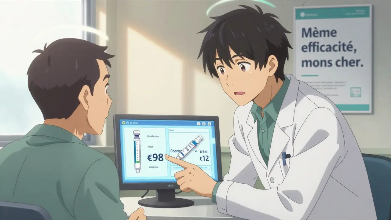 Un médecin montre à un patient le coût bien plus bas d'un médicament générique sur un écran.