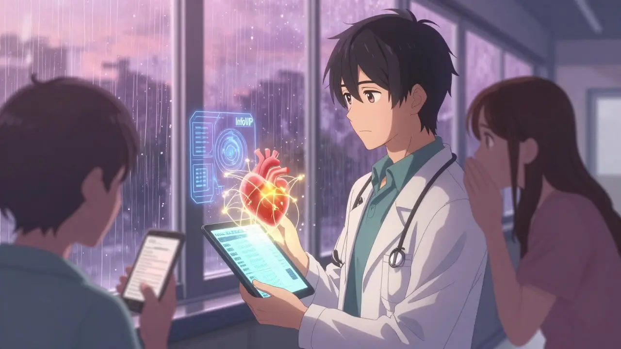 Un médecin observant un profil génomique avec une interface d'IA lumineuse dans un hôpital.