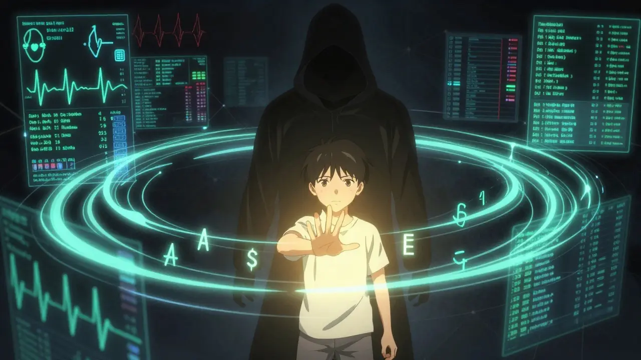 Un patient protège ses données médicales contre une intrusion numérique, entouré de flux de données lumineux.