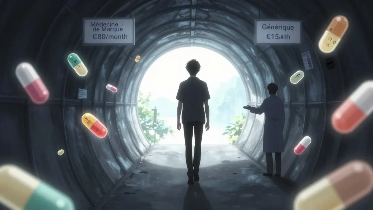 Un patient quitte l'obscurité d'un traitement cher pour entrer dans une lumière où les génériques sont accessibles.