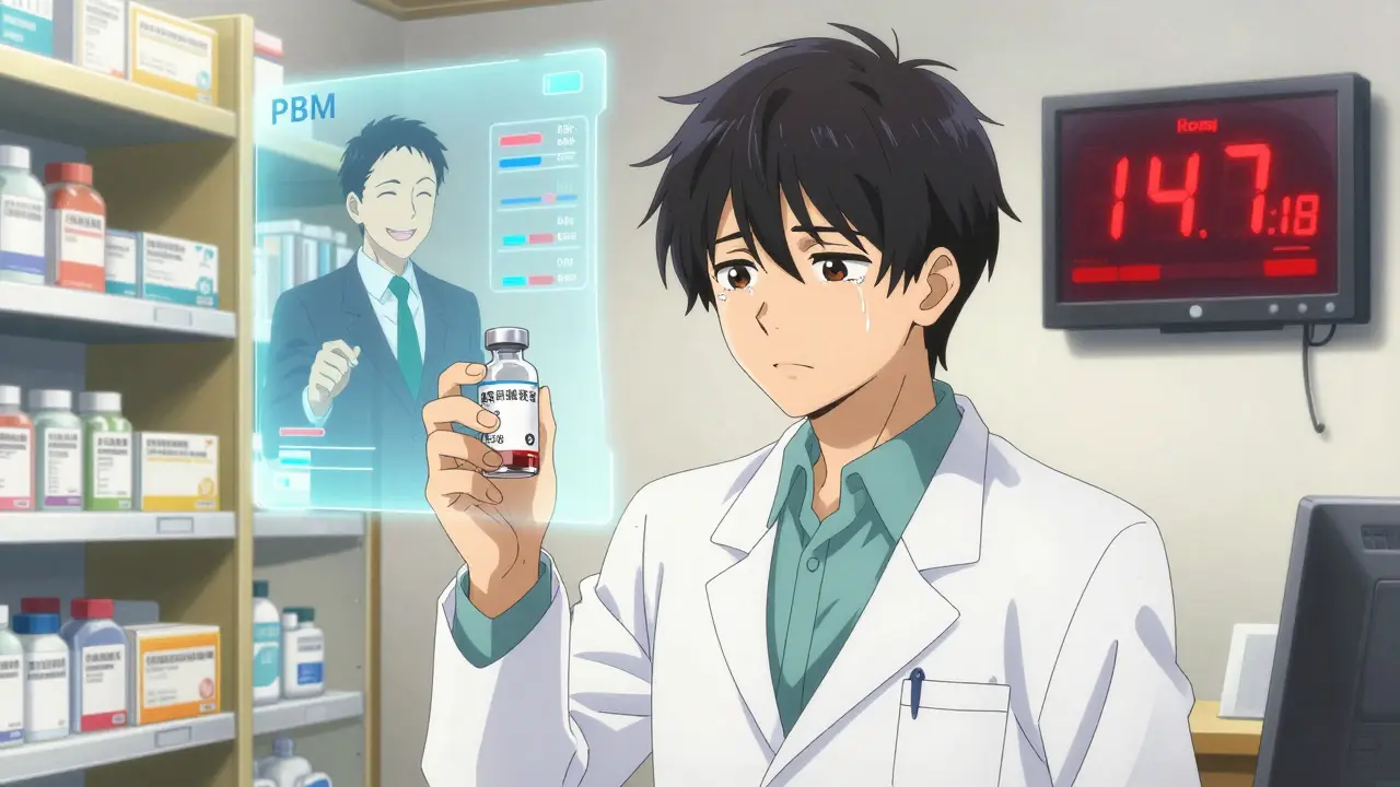 Un pharmacien dans une pharmacie indépendante regardant un écran d'alerte de pénurie d'insuline, avec un hologramme d'un dirigeant PBM.