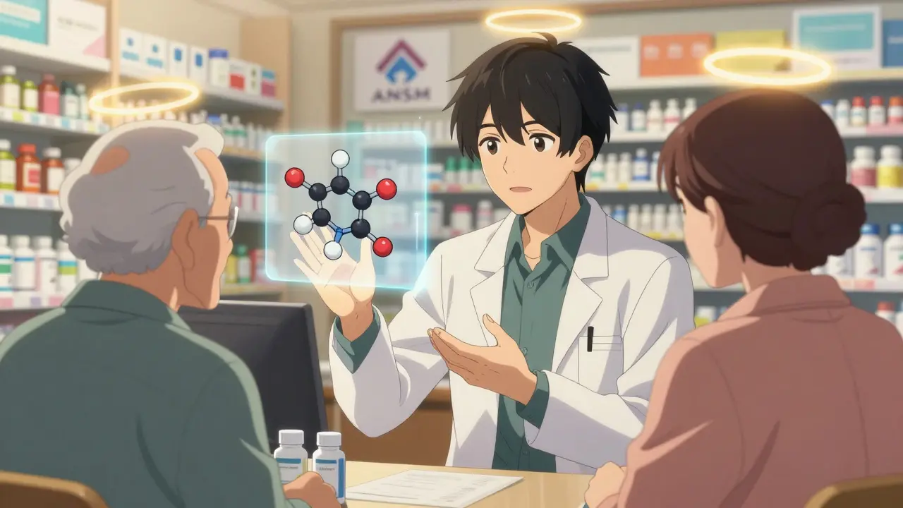 Un pharmacien explique calmement les génériques à un patient âgé dans une pharmacie française.