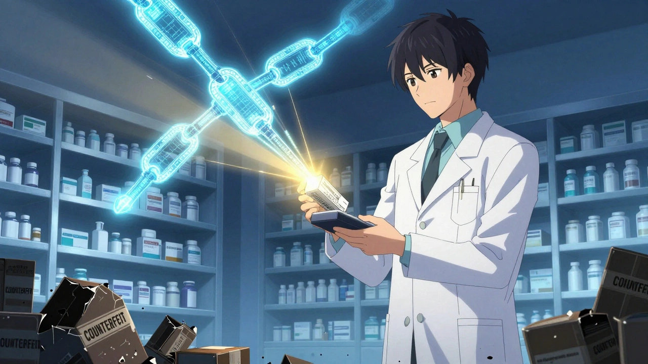 Un pharmacien vérifie un médicament avec un dispositif qui émet un faisceau doré, des chaînes blockchain brillent derrière lui.