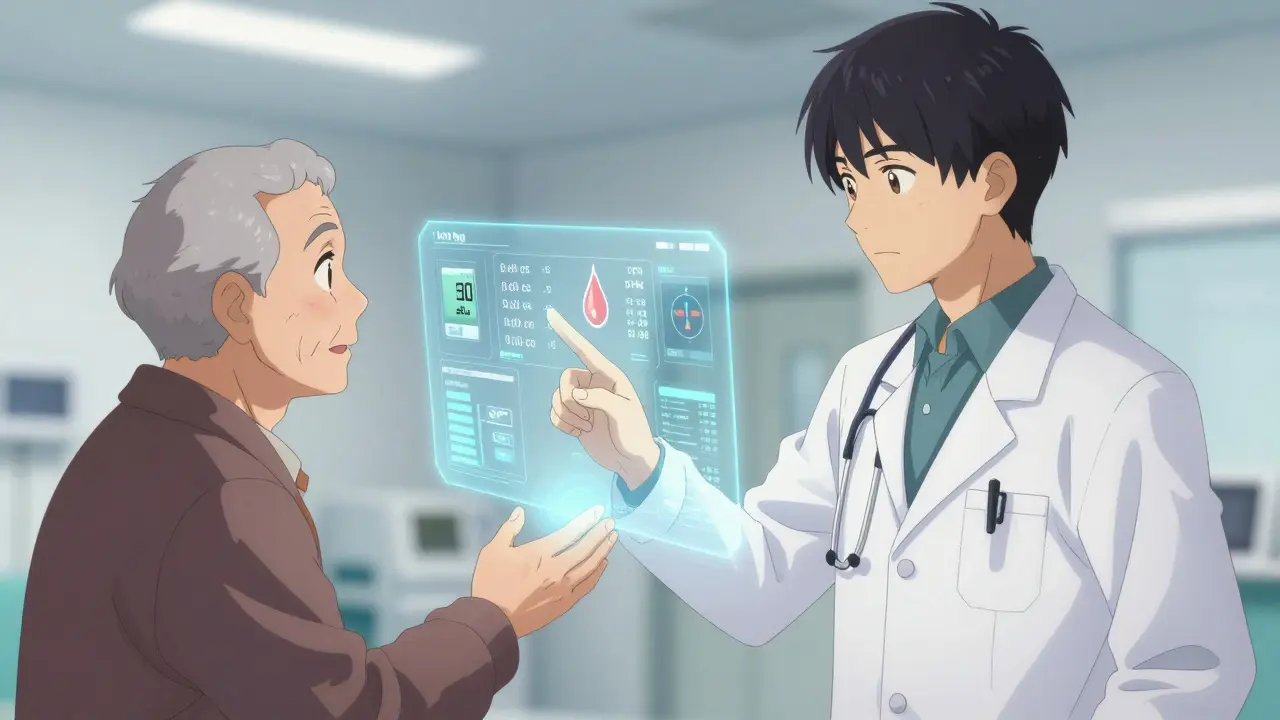 Un professionnel de santé aide un patient âgé à comprendre une interface numérique de thérapie digitale.