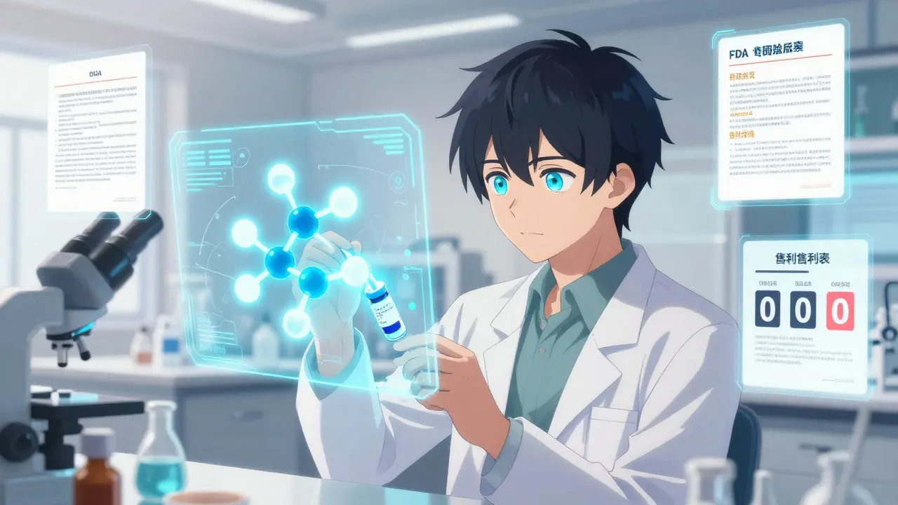 Un scientifique analyse un médicament générique dans un laboratoire futuriste, avec une structure moléculaire holographique.