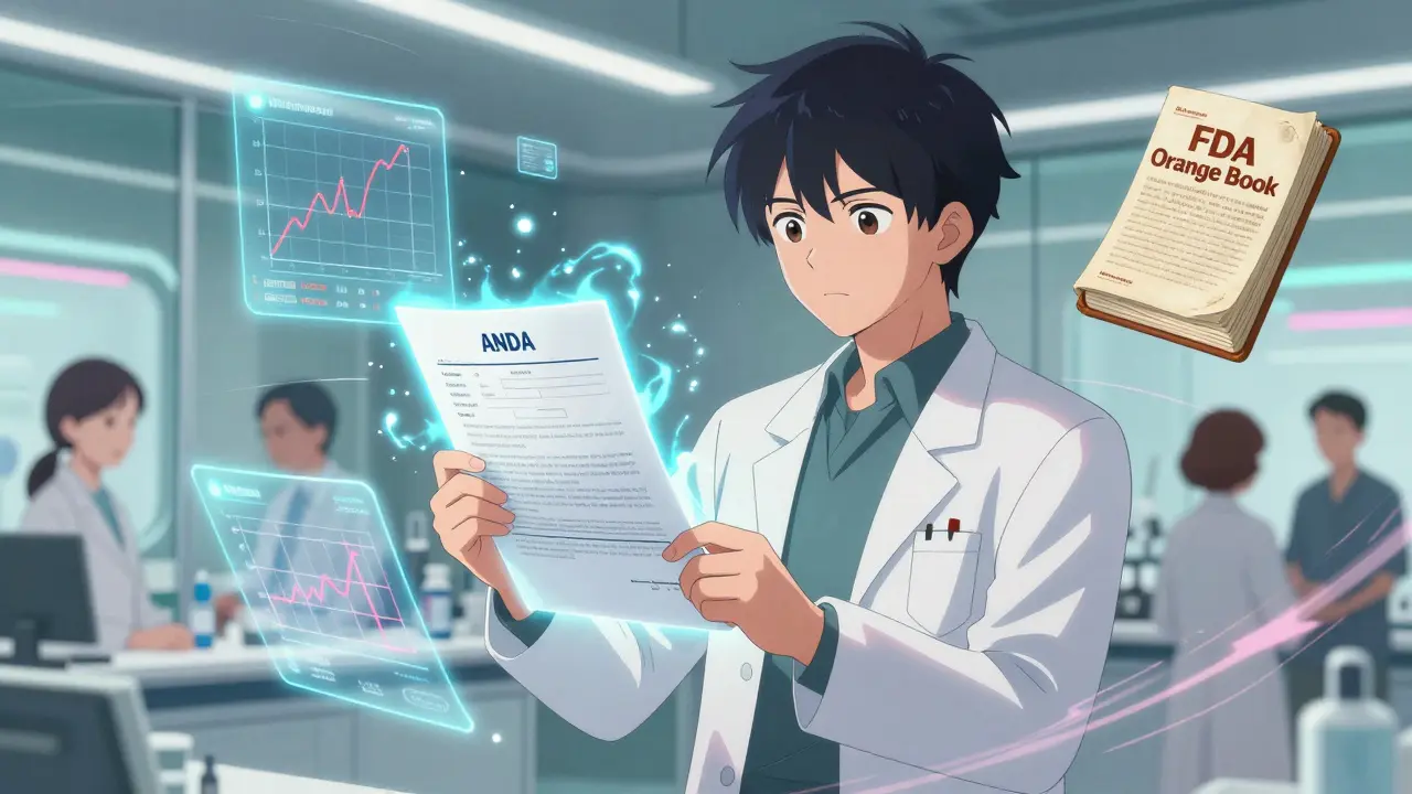 Un scientifique observe des graphiques holographiques d'équivalence bioéquivalente, entouré du Livre Orange flottant.