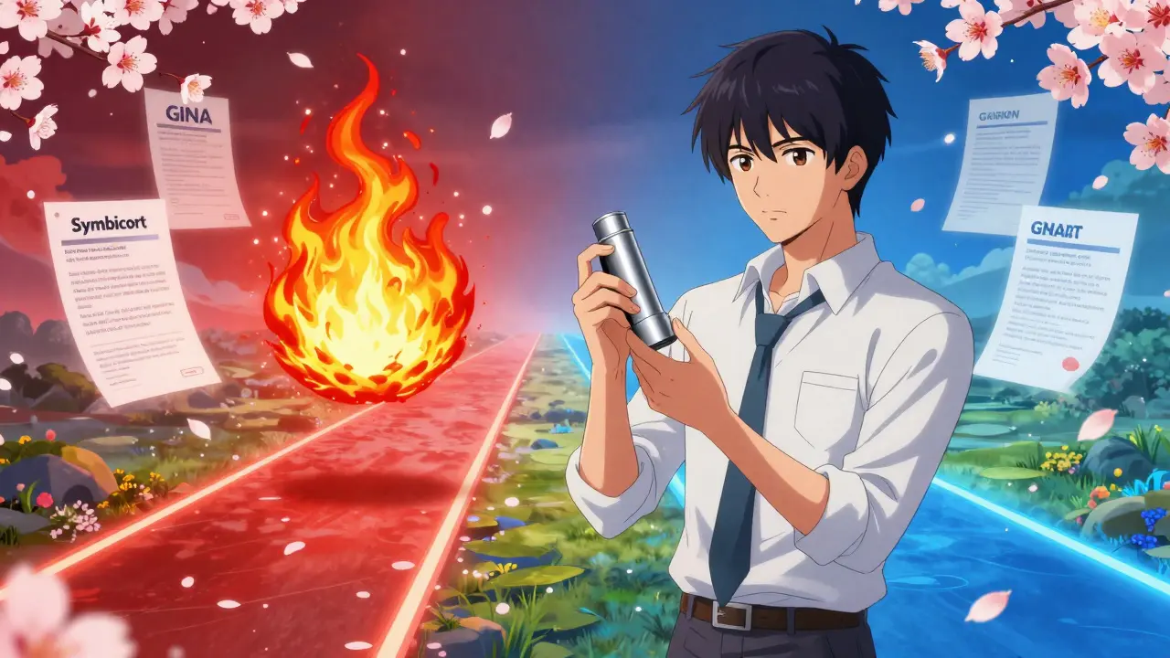 Un seul inhalateur argenté entre deux voies lumineuses, rouge et bleue, symbolisant la thérapie SMART pour l'asthme.