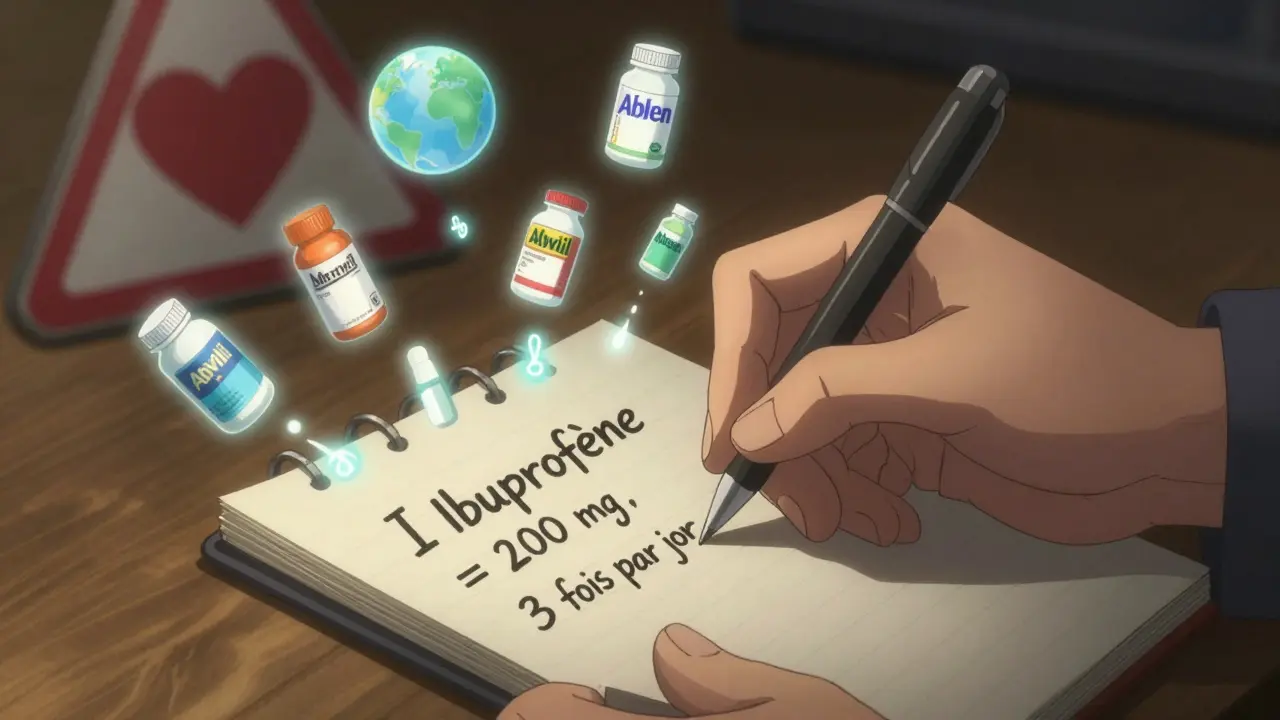 Une main écrit clairement la dose en mg sur un carnet, entourée d'icônes de médicaments internationaux et d'un symbole de danger en forme de cœur.