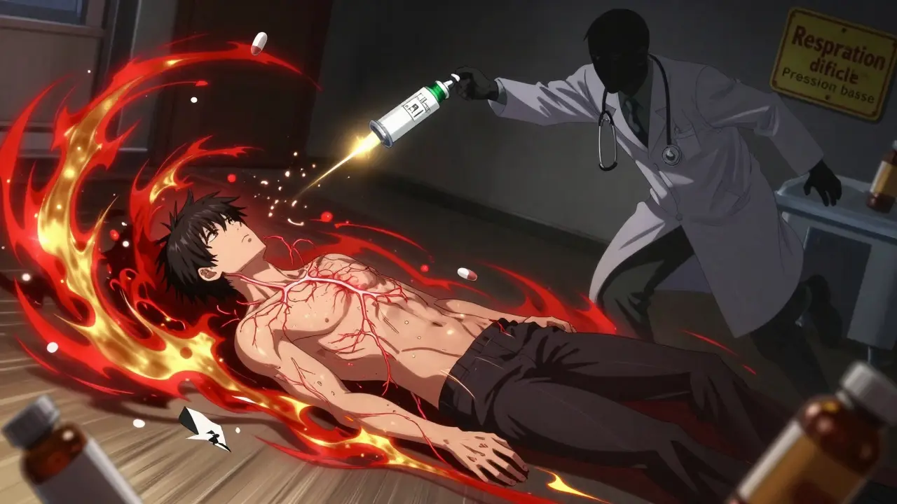 Urgence médicale : homme en train de s'effondrer avec une injection d'épinéphrine en action.