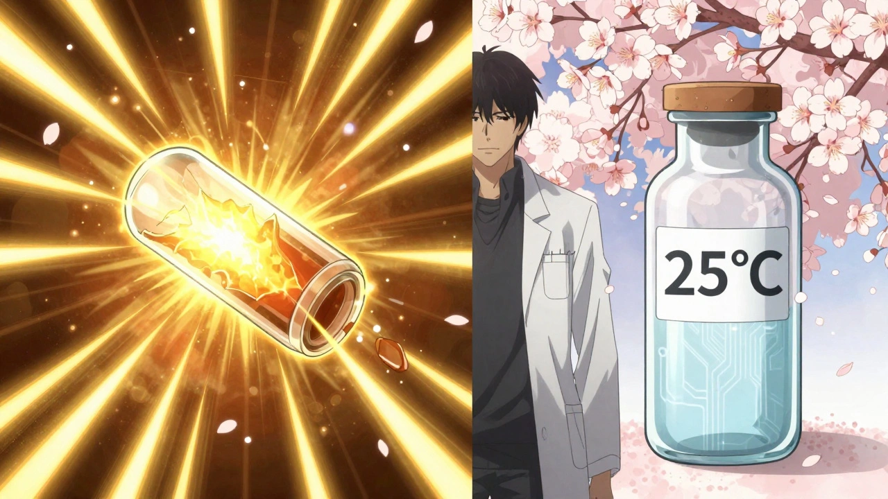 Vial se dégradant sous chaleur extrême vs. intacte à température ambiante, symbolisant la stabilité.