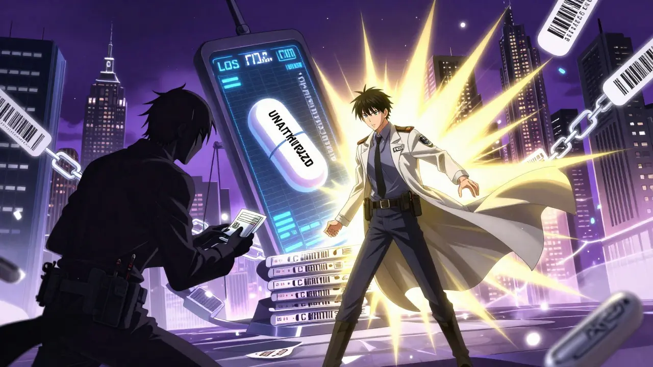 Affrontement symbolique entre un contrebandier et un agent FDA, entouré de chaînes de blocs et de médicaments authentiques.