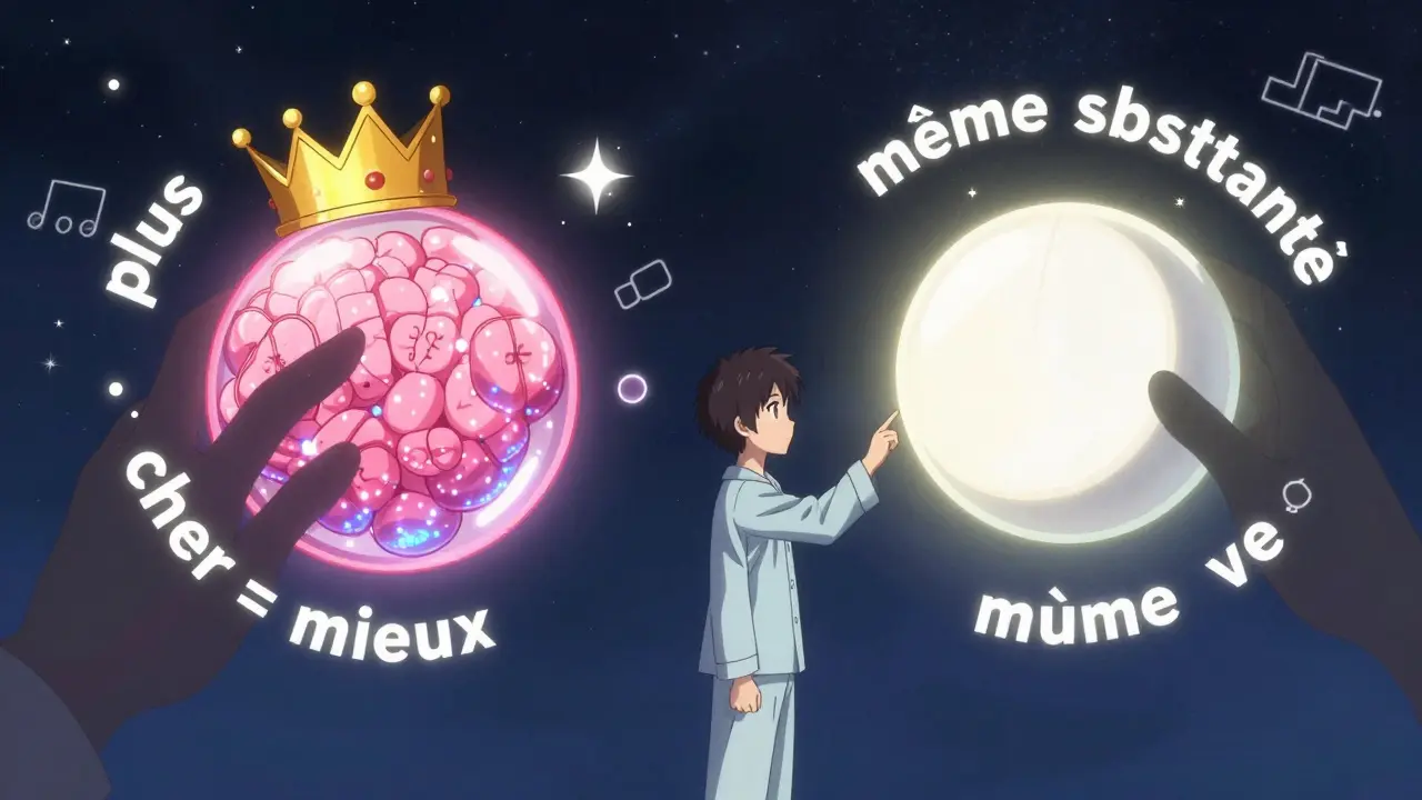 Bataille intérieure dans l'esprit d'un patient : une pilule de marque brillante contre une pilule générique simple et lumineuse.