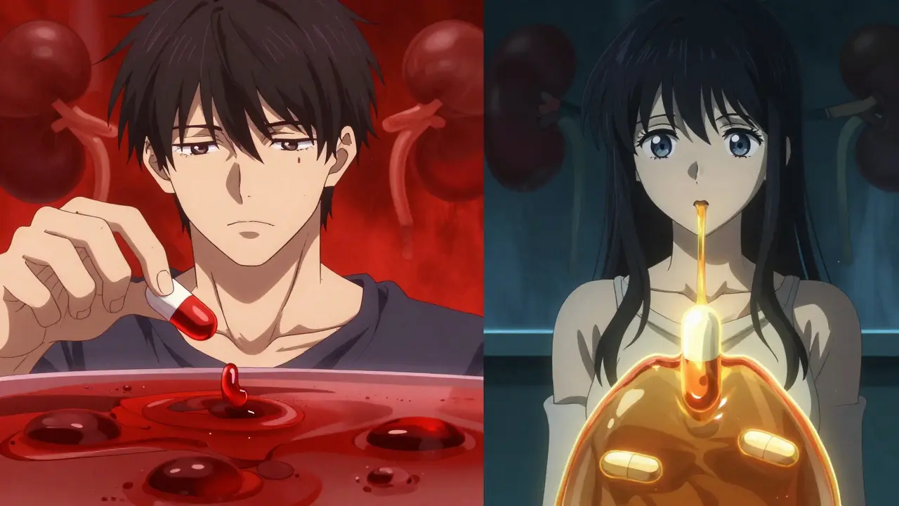 Comparaison visuelle d'un homme et d'une femme avec le même médicament, montrant des différences de métabolisme.