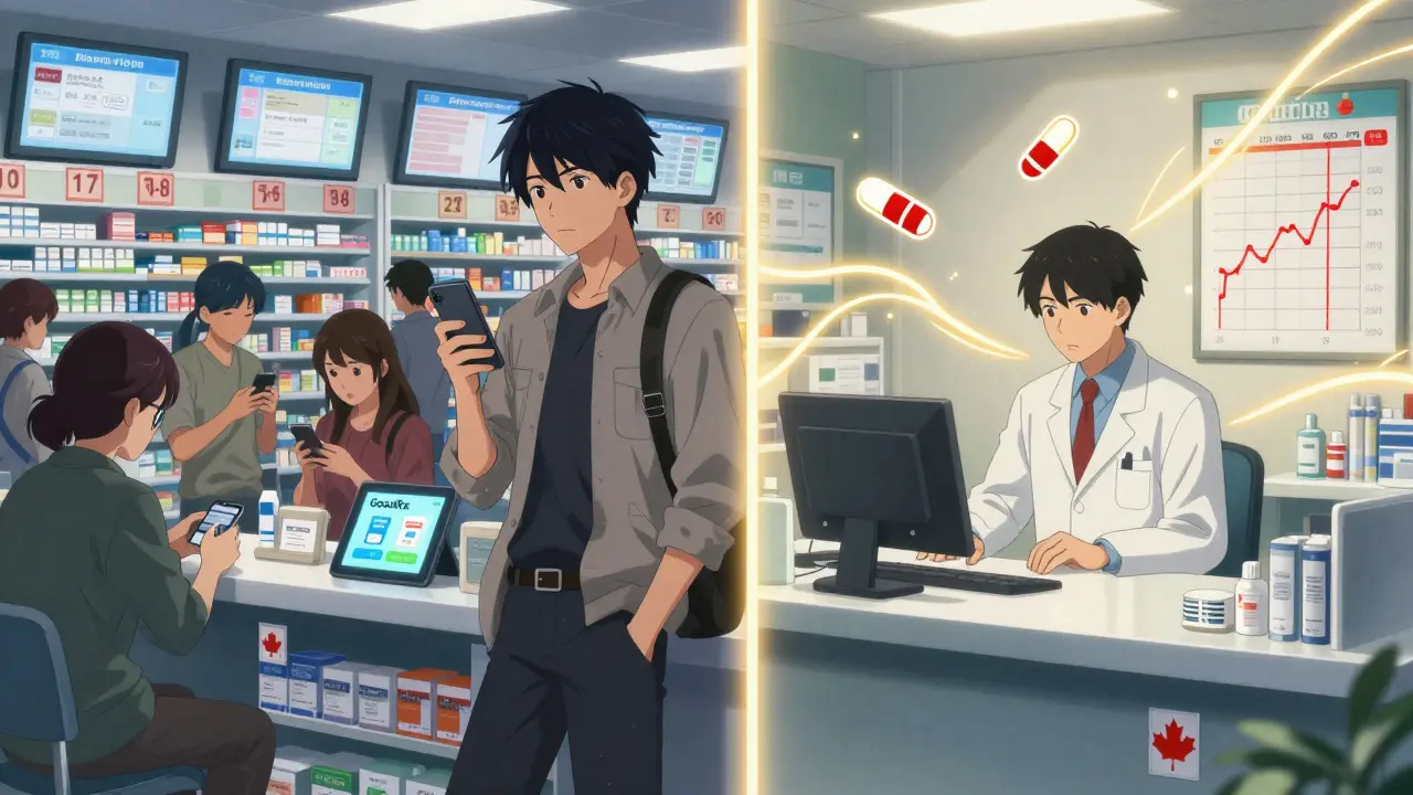 Contraste entre une pharmacie américaine chaotique et une pharmacie canadienne paisible.