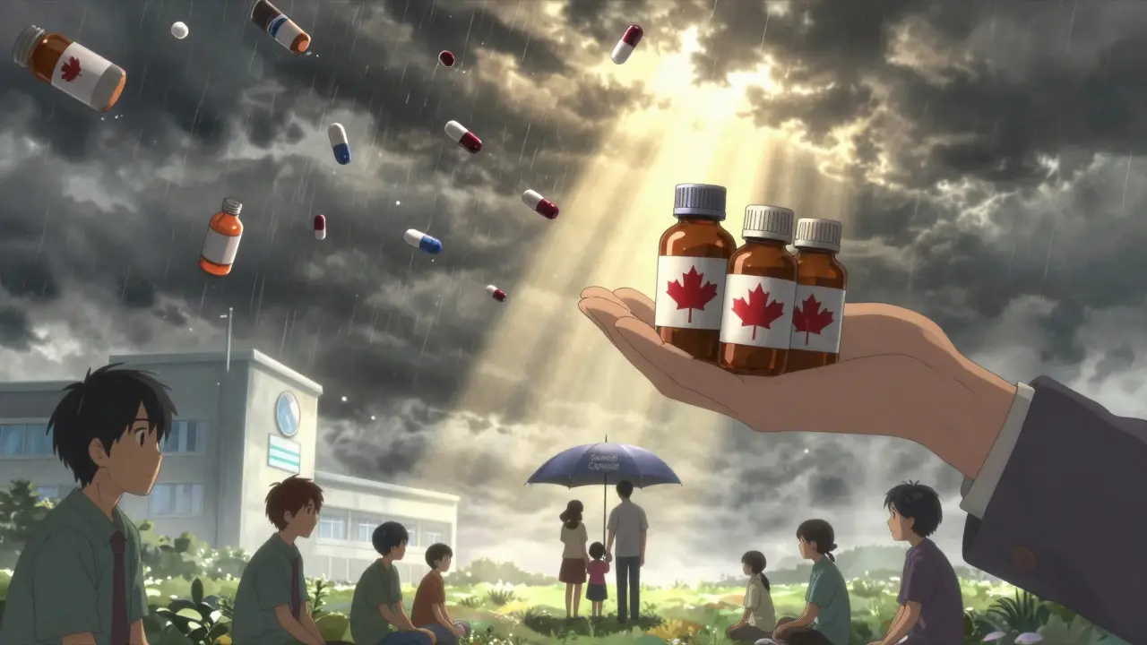 Des comprimés génériques en chute libre face à une main protectrice sous un parapluie 'Santé Canada'.