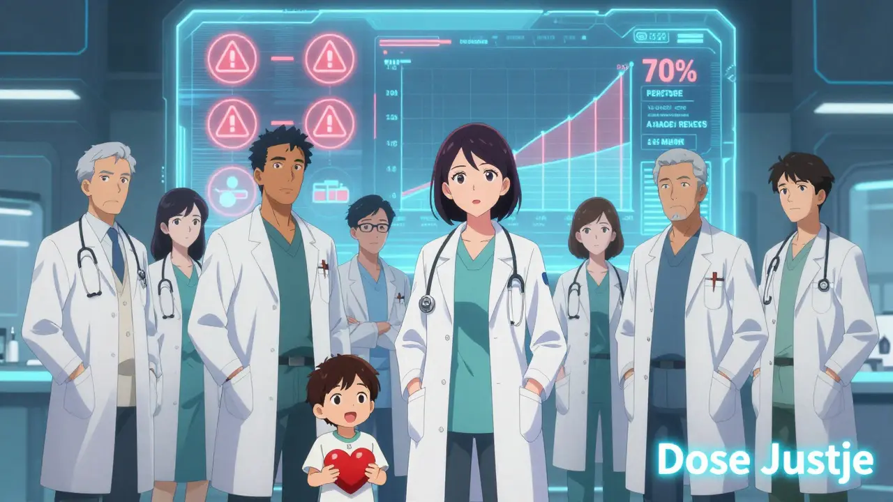 Des professionnels de santé devant un écran holographique affichant des médicaments à risque pour les femmes.