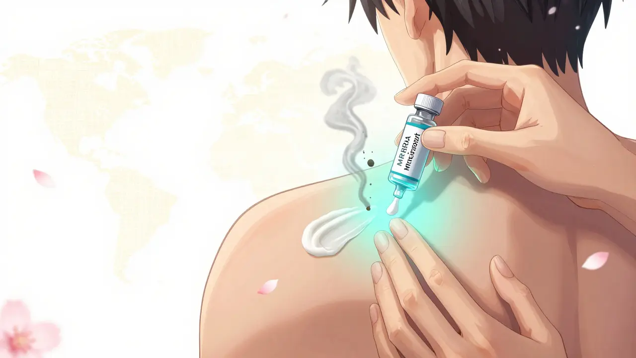 Deux mains appliquant une crème guérissante, avec des pétales de cerisier et des bactéries en fumée.