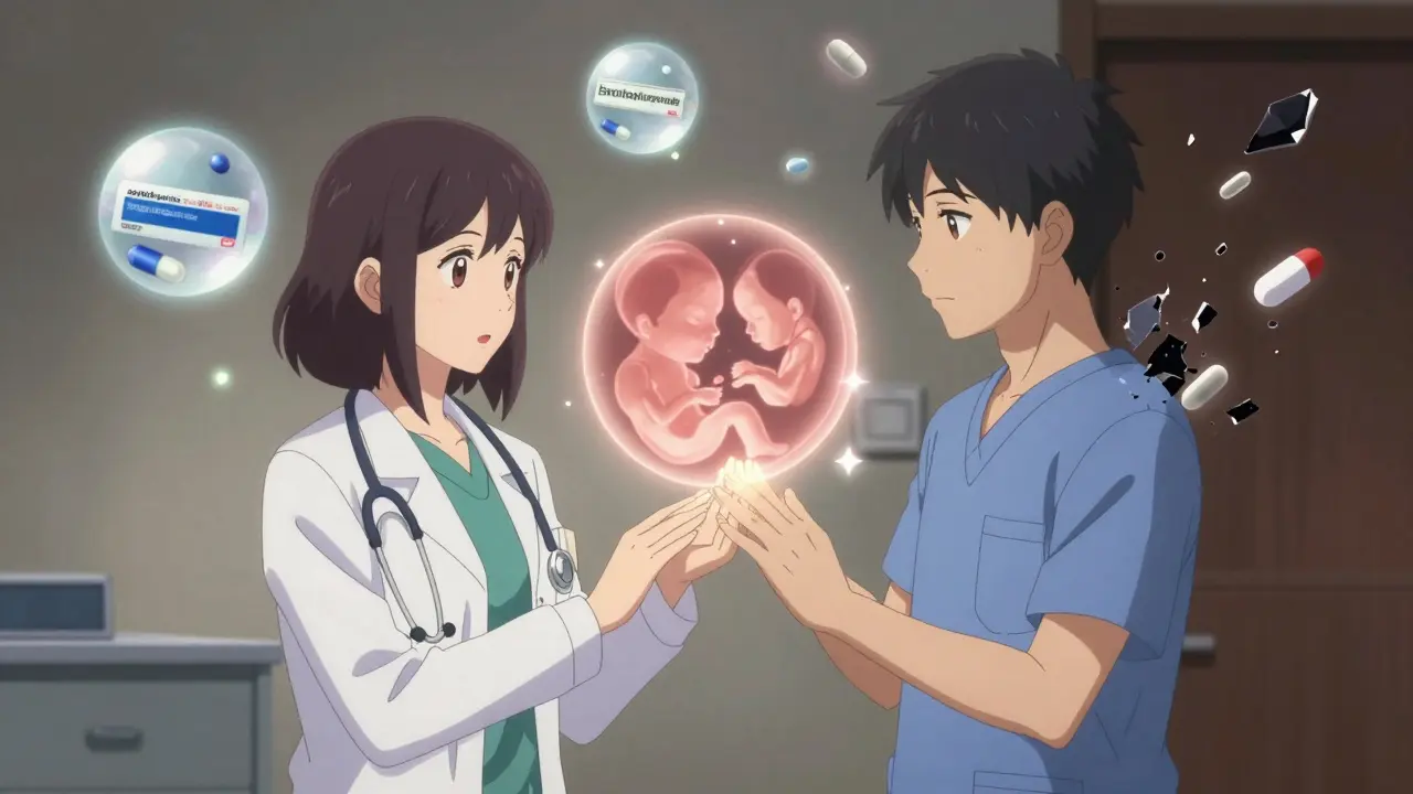 Deux médecins soutenant un fœtus lumineux, avec des médicaments sûrs flottant autour d'eux.