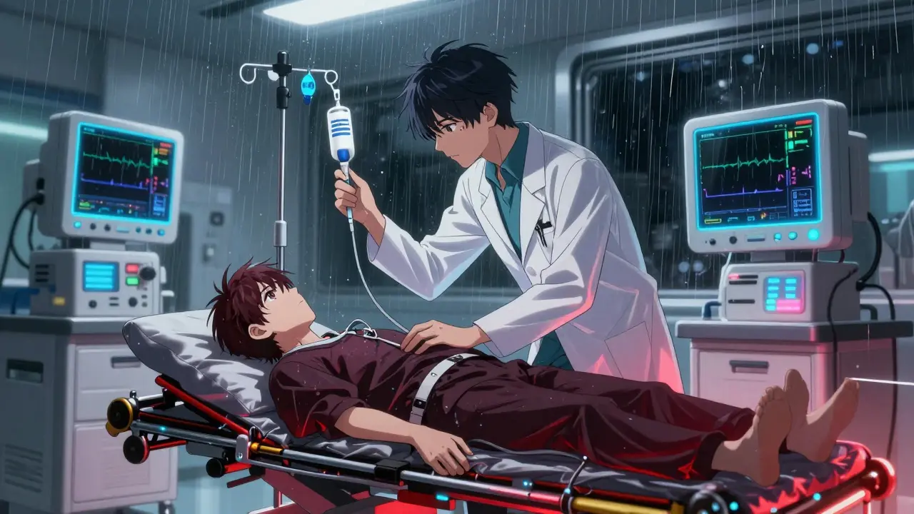 Équipe médicale administre une perfusion de pré-médication à un patient en salle d'imagerie.