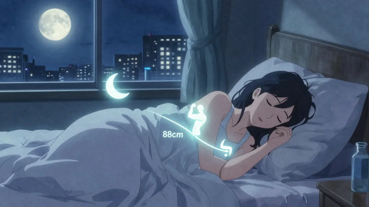 Femme endormie dans une chambre paisible, entourée de symboles de sommeil et de santé métabolique.