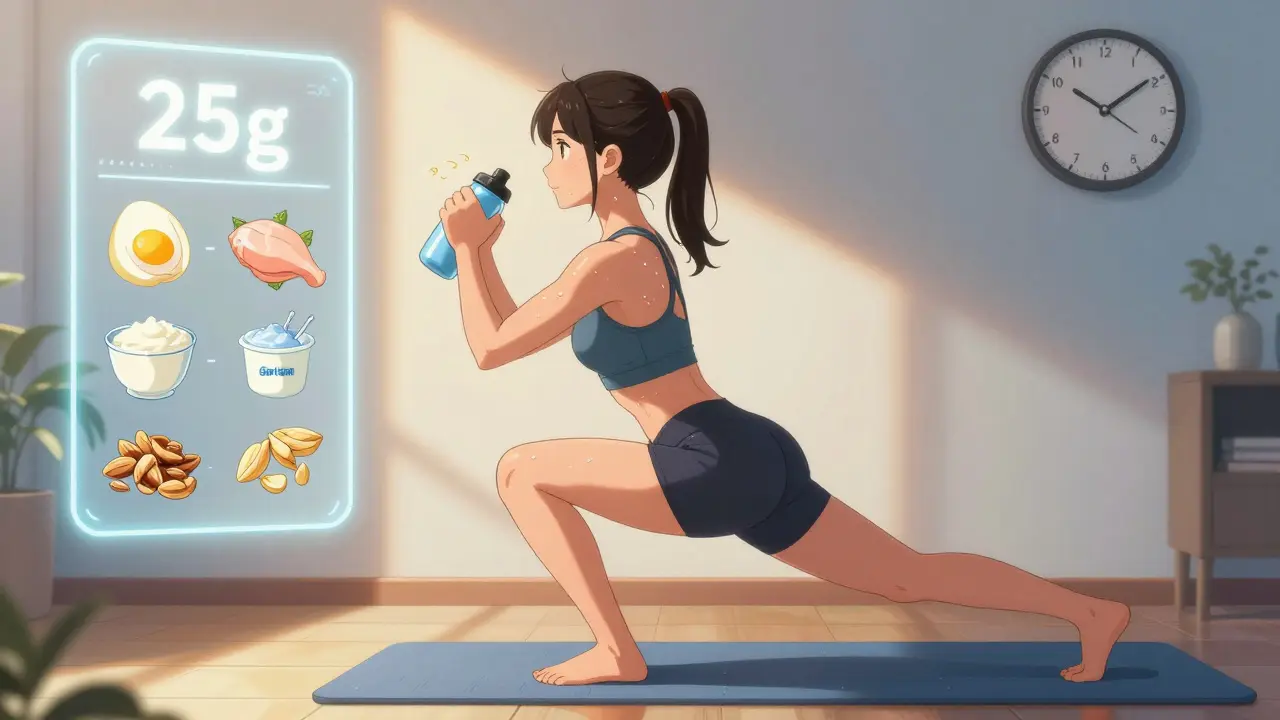 Femme faisant des exercices de musculation à la maison, avec des portions de protéines visibles.