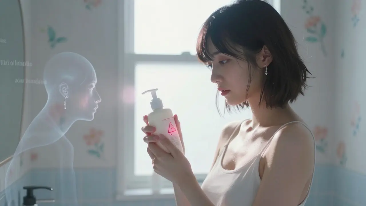 Femme regardant un produit cosmétique avec un symbole d'avertissement, sa peau guérie, éléments allergènes disparus en arrière-plan.