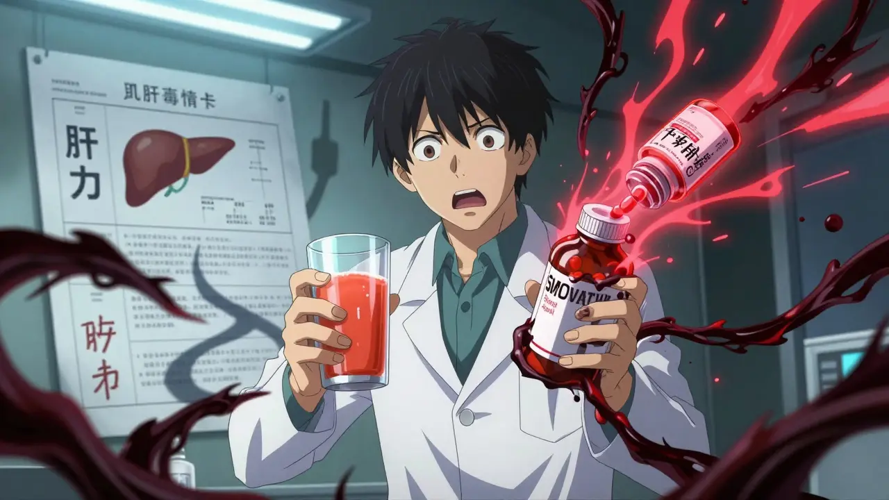 Homme alarmé face à un jus de pamplemousse qui génère des énergies dangereuses autour d'une pilule.