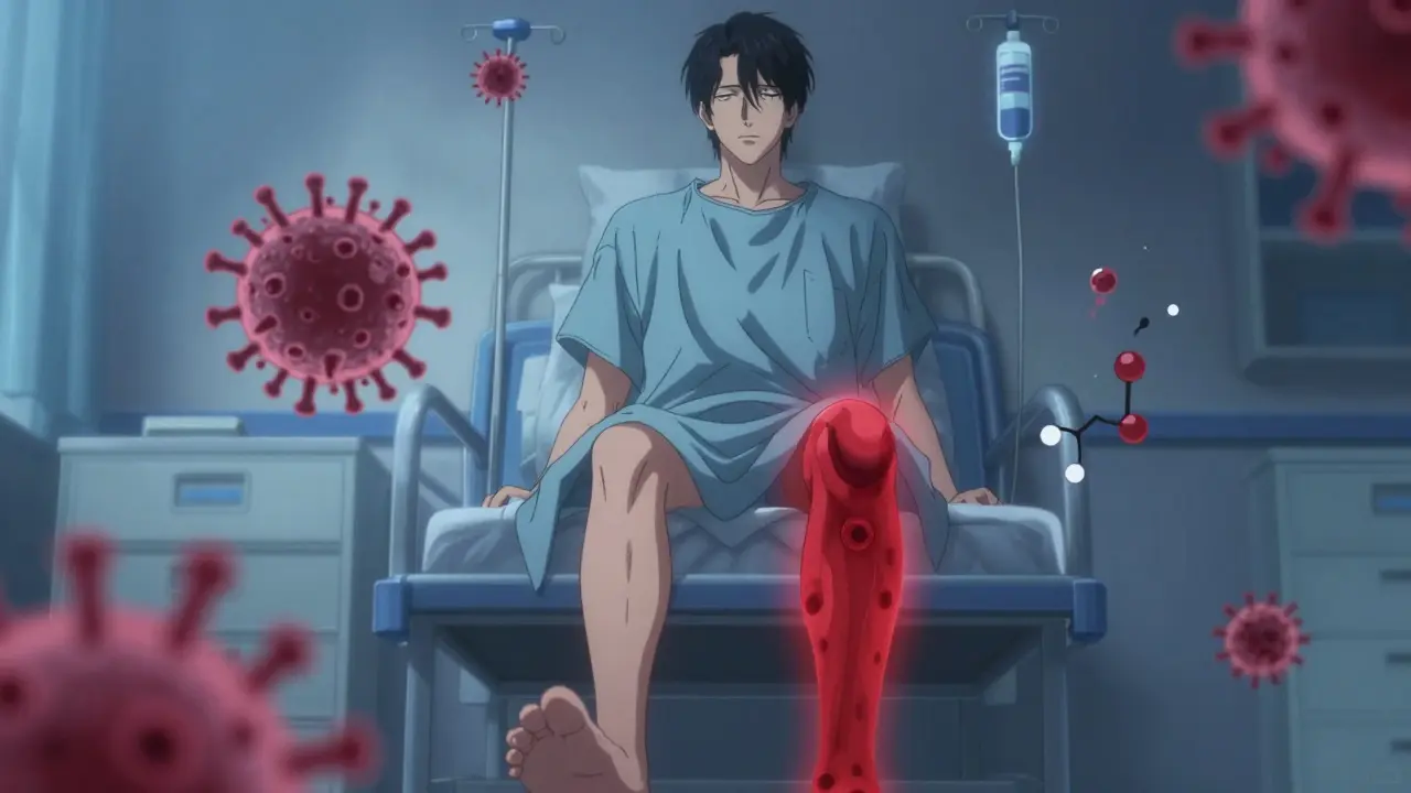 Homme aux jambes enflées et rouges, dans une chambre d'hôpital, avec des symboles bactériens flottants.