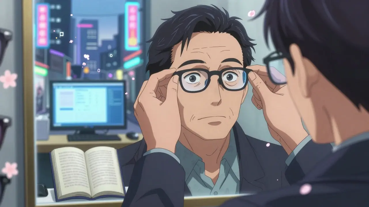 Homme regardant son reflet avec des lunettes progressives, zones visuelles floues en arrière-plan.