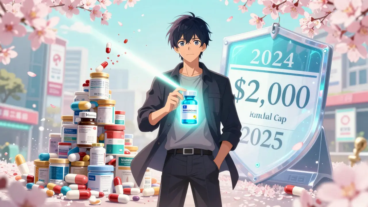 Homme tenant une pilule générique lumineuse en 2025, réduisant des médicaments de marque en poussière, avec un plafond de 2 000 $ en arrière-plan, style anime bishounen.
