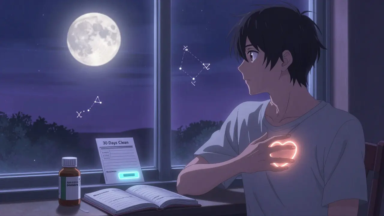 Jeune homme regarde la lune la nuit, un cœur lumineux sur la poitrine, journal et médicament sur le rebord de la fenêtre.