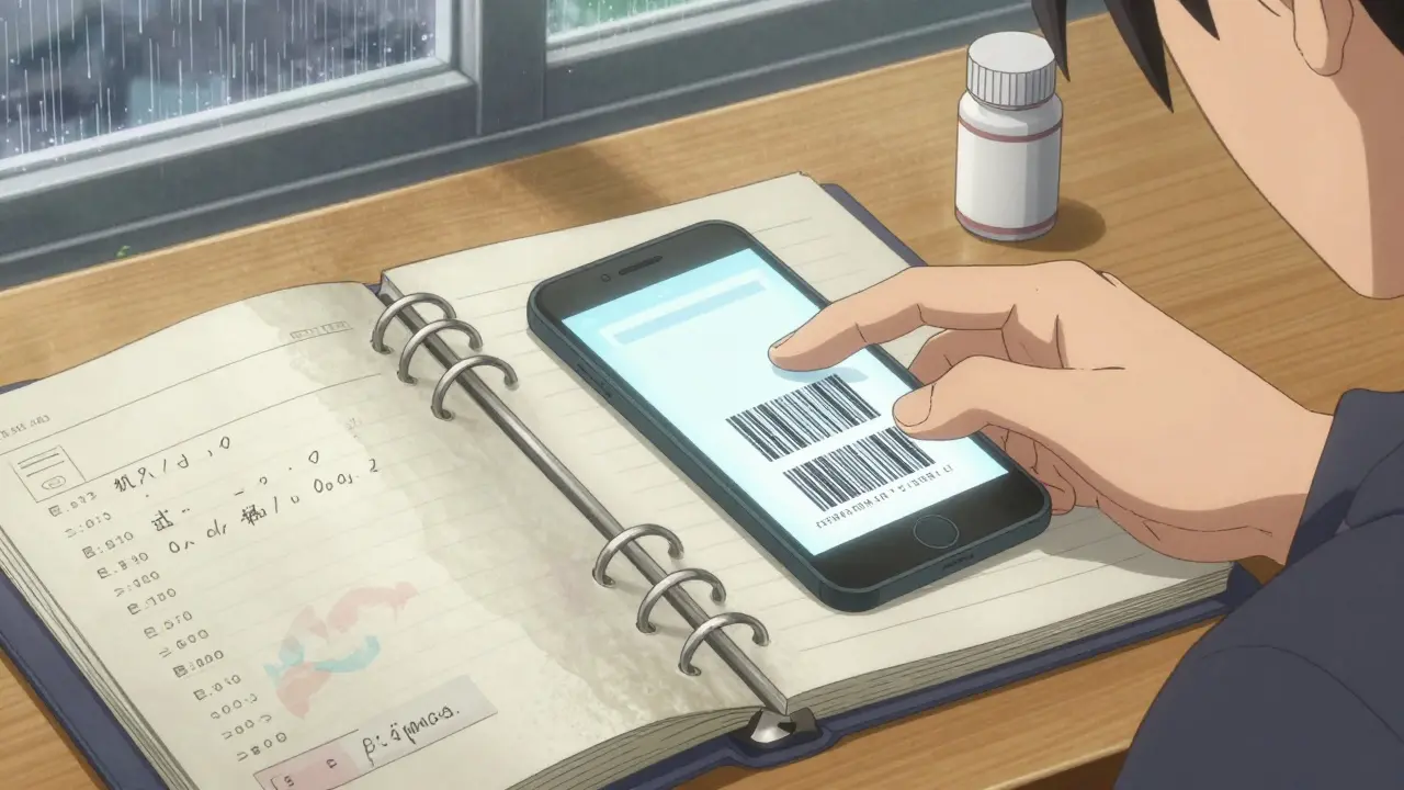 Main scanne un code-barres tout en tenant un dossier médical papier bien organisé.