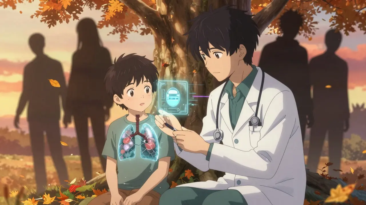 Médecin et patient sous un arbre, des poumons réparés par une interface IA, dans un style anime bishounen.