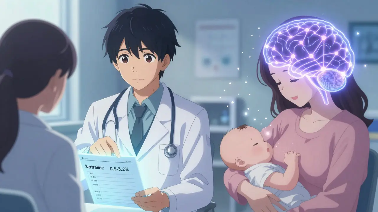Médecin expliquant à une mère les taux de transfert sécurisés des antidépresseurs pendant l'allaitement.