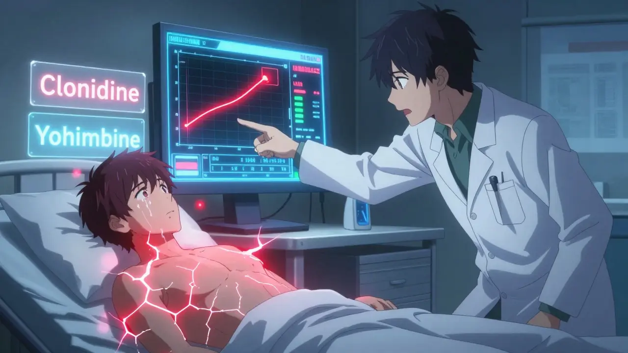 Médecin pointant un écran de pression artérielle critique, patient à l'hôpital, énergie tumultueuse.