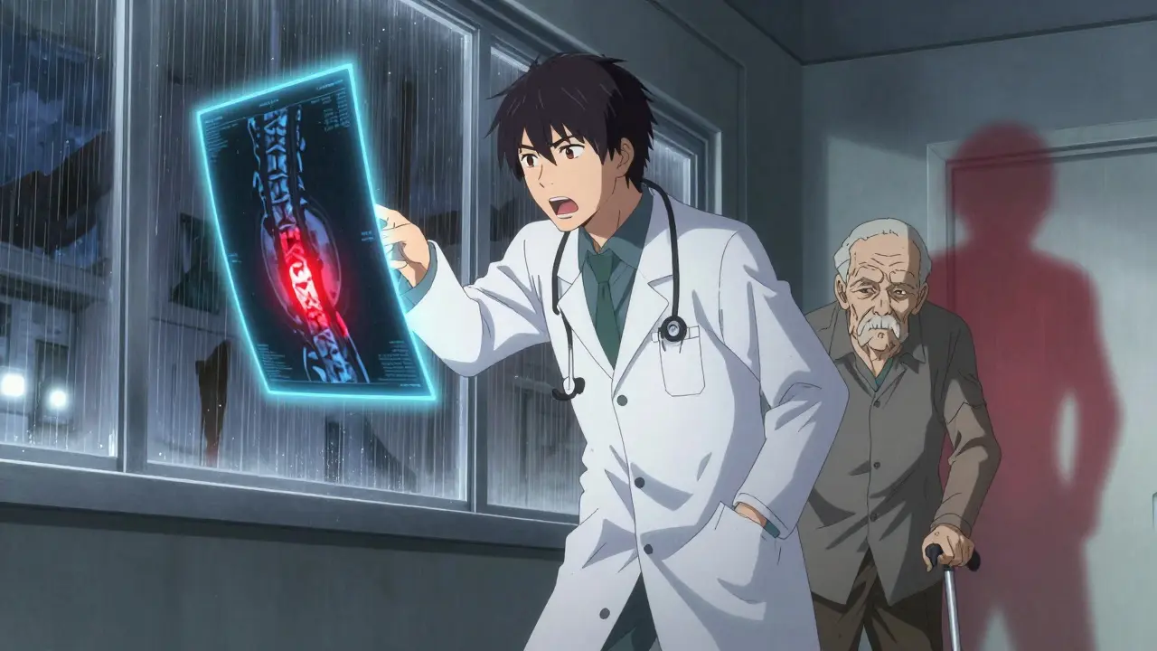 Médecin pointant une IRM holographique montrant une lésion rouge sur la colonne vertébrale d'un patient âgé.