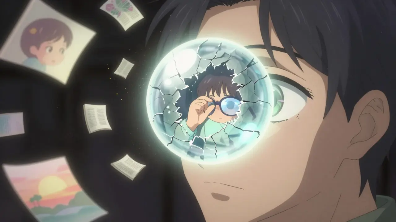 Œil humain symbolique avec une lentille qui se brise, des lunettes y sont placées comme un don.