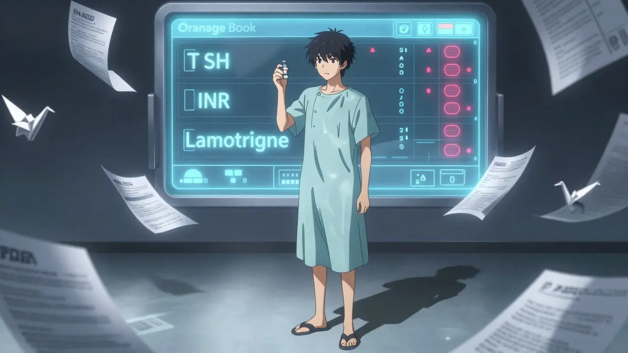 Patient devant un écran de résultats sanguins, des codes NDC flottent comme des origamis, lumière froide et tension émotionnelle.