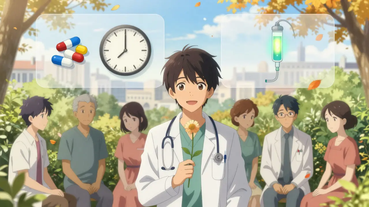 Patients et médecins dans un jardin hospitalier, deux voies thérapeutiques représentées en transparence derrière eux.