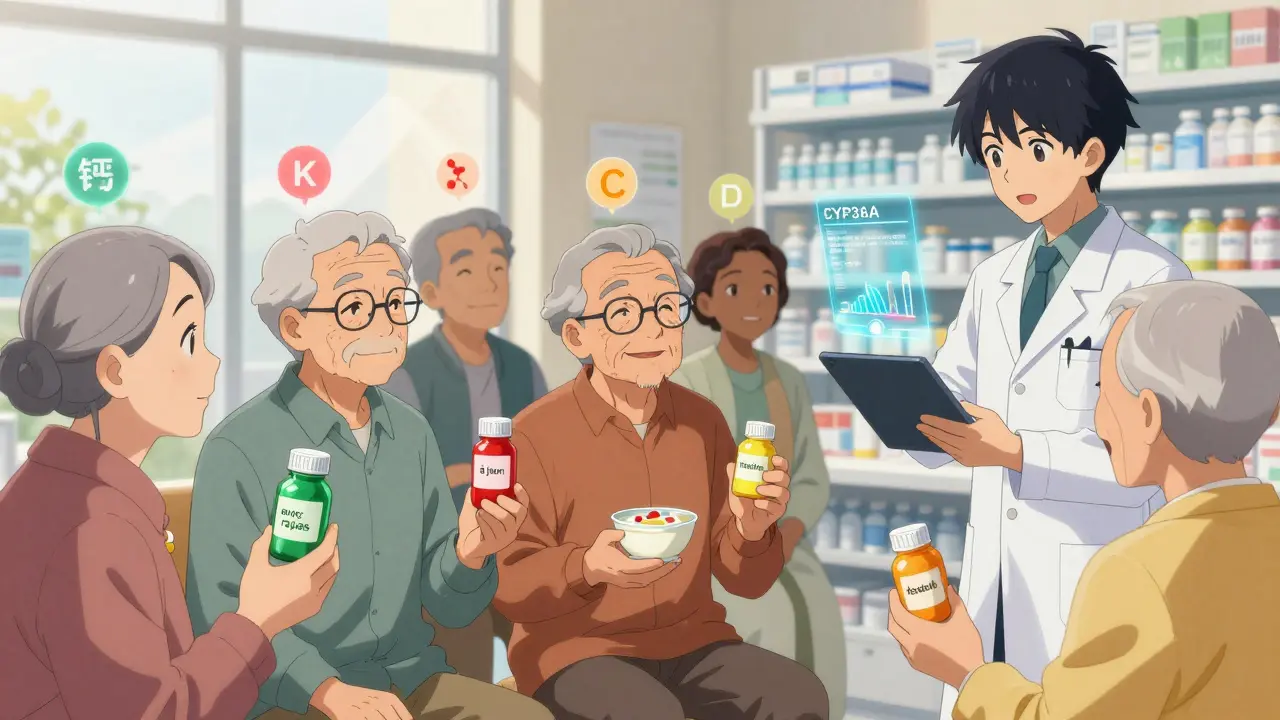 Pharmacien aide des patients âgés à comprendre les couleurs de leurs médicaments dans une pharmacie lumineuse.