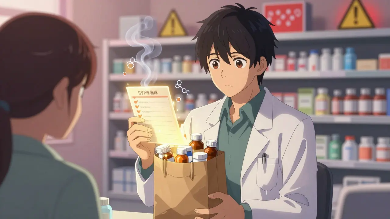 Pharmacien montrant à un patient des médicaments sûrs et dangereux dans un sac brun, dans un style anime bishounen.