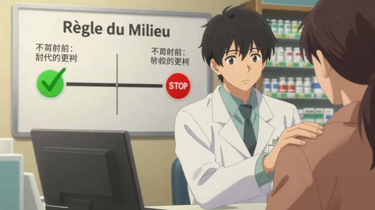 Pharmacien rassurant un patient devant une infographie visuelle de la règle du milieu.