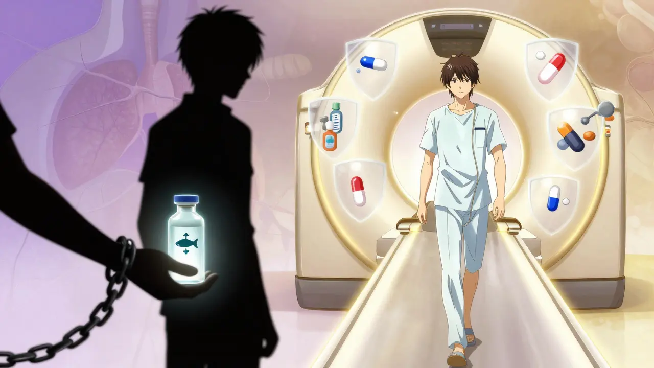 Représentation symbolique de la libération des mythes allergiques et de l'accès à un produit de contraste moderne.