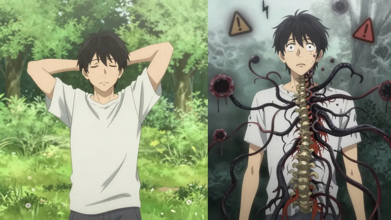 Scène divisée : d'un côté un homme au repos, de l'autre sa colonne détruite par des racines sombres.