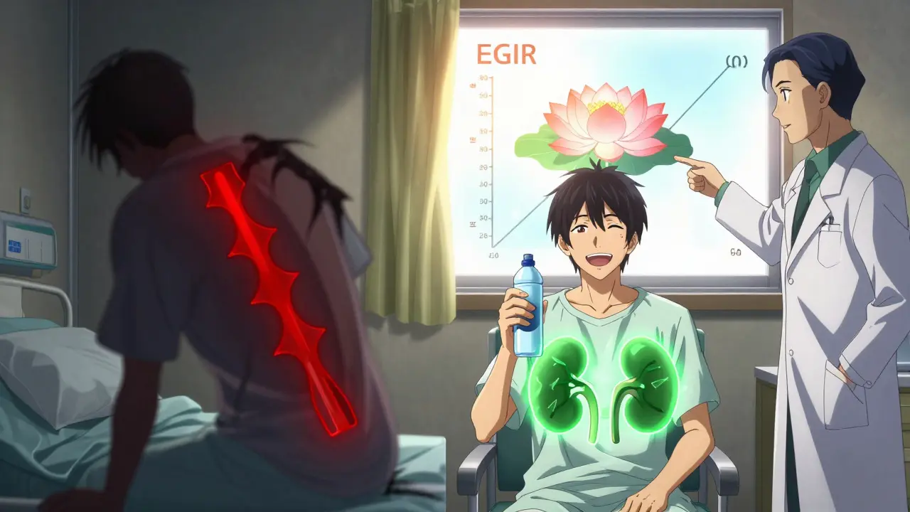 Scène divisée : d'un côté, une dégradation rénale symbolisée par une ombre noire ; de l'autre, une récupération avec un rein lumineux et une bouteille d'eau.