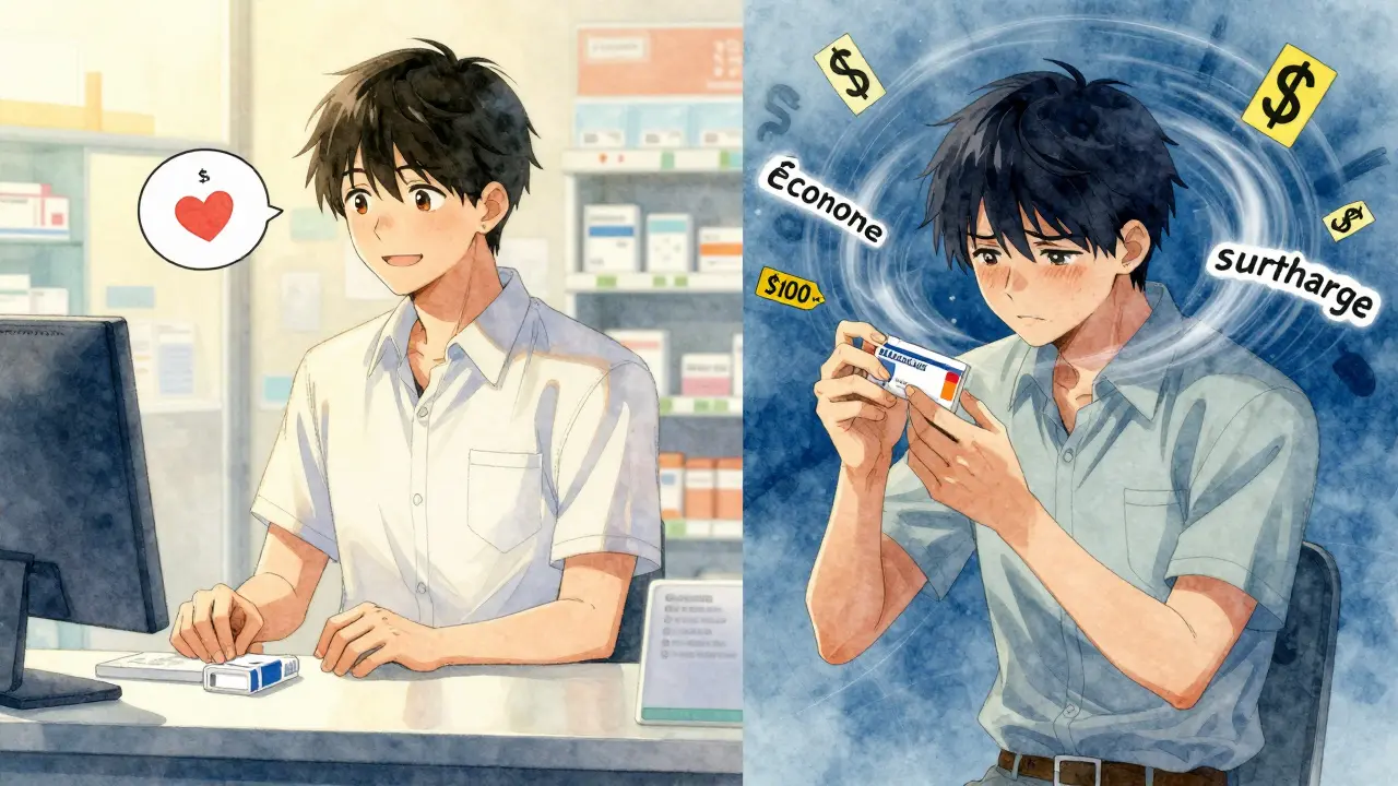 Scène divisée : patient souriant avec un générique bon marché à gauche, stressé avec une marque chère à droite, style anime bishounen.