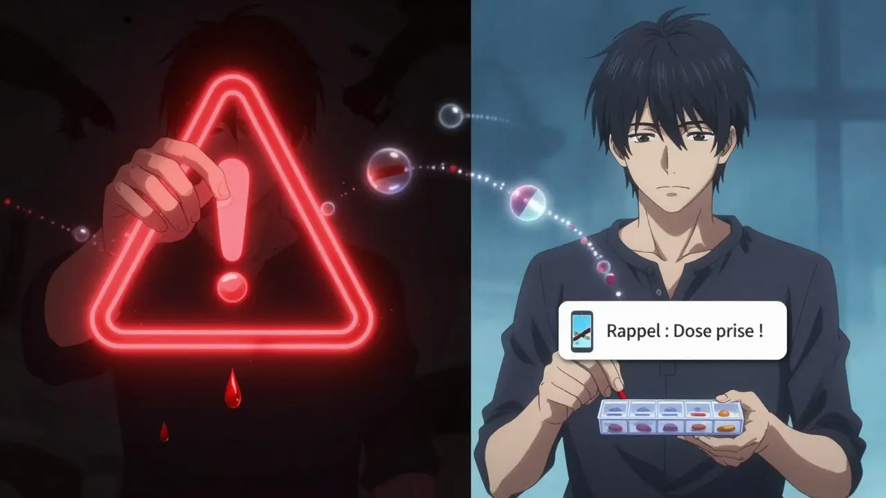 Scène divisée : surdose dangereuse à gauche, routine sécurisée à droite avec rappel numérique.