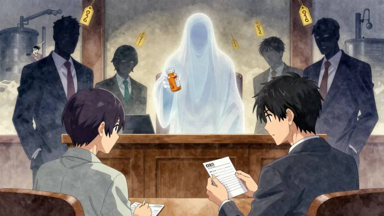 Scène judiciaire avec des fantômes de pilules et des industriels ombres, un patient tenant une ordonnance.