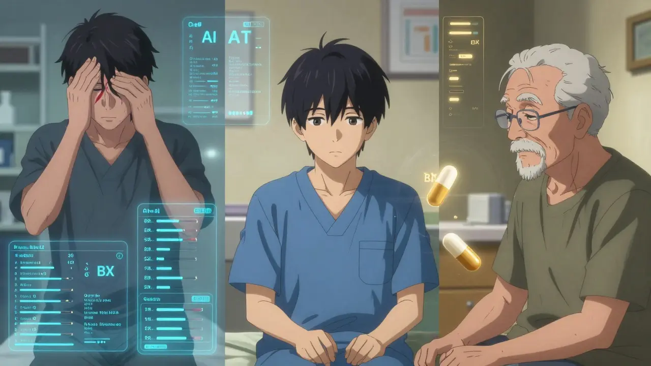 Trois patients reçoivent des soins personnalisés avec des données médicales flottantes autour d'eux.