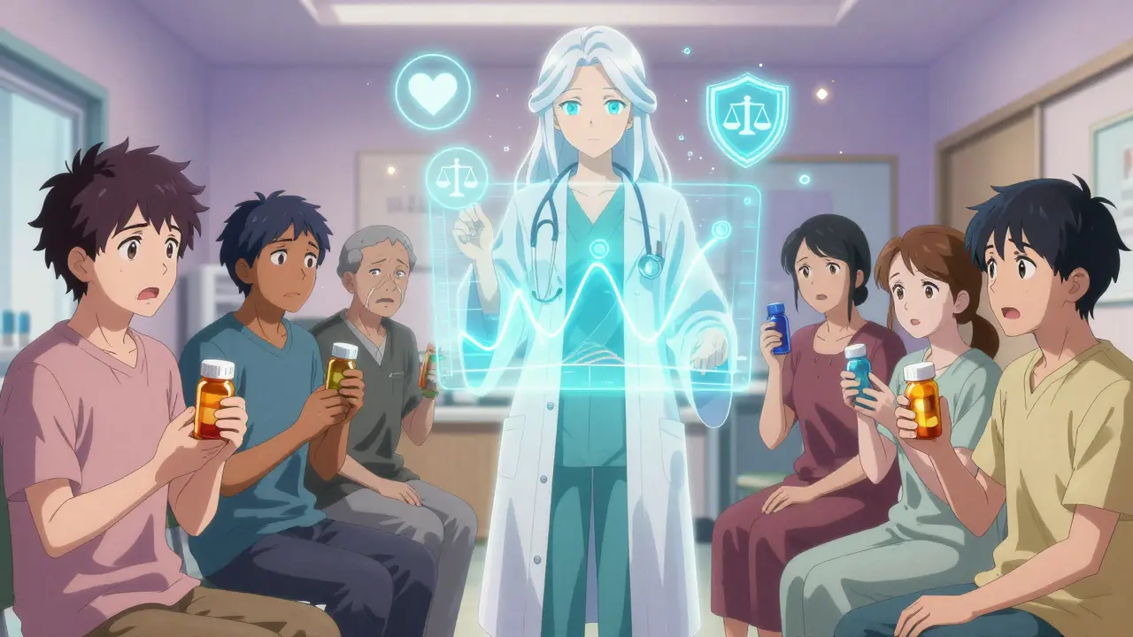 Un groupe diversifié de patients dans un centre de santé, observant une animation holographique qui rassure sur l'équivalence des génériques.